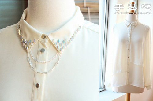 旧衬衫改造手工DIY水晶折领衬衣