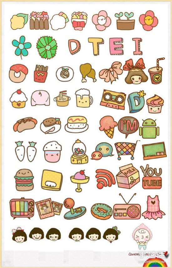 手账素材简笔画 包括动物食物爱心及生活用品