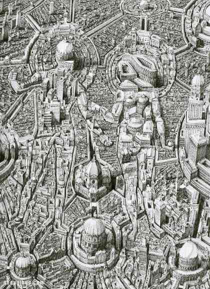 Ben Sack 用针管笔画出外星都市般奇幻世界